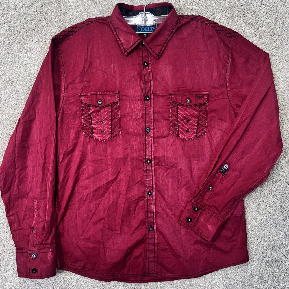 Roar Shirt Mens XL Tactful Burgundy Red Contrast Stitch Western Button Down EUC